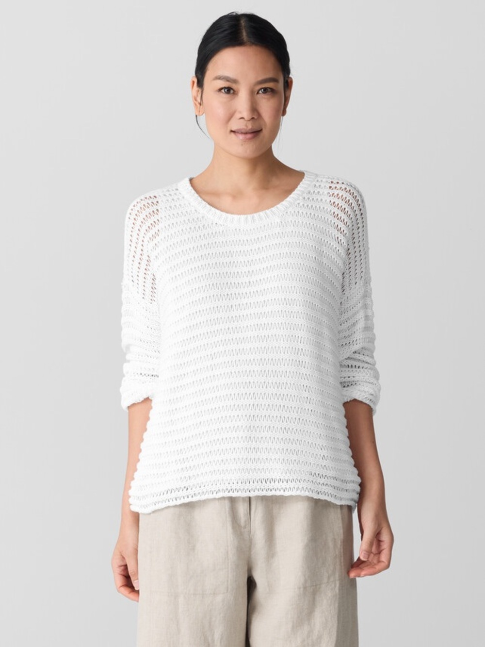 EILEEN FISHER PERUVIAN 100% Organic Cotton Cord Crew Neck Sweater. White. XS